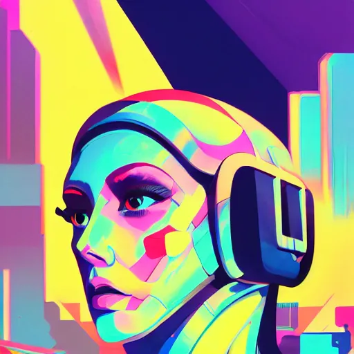 Image similar to a graph - style gouache impasto huge robot head in front of her, cyberpunk art by by james gilleard, cgsociety, retrofuturism, synthwave, retrowave, outrun