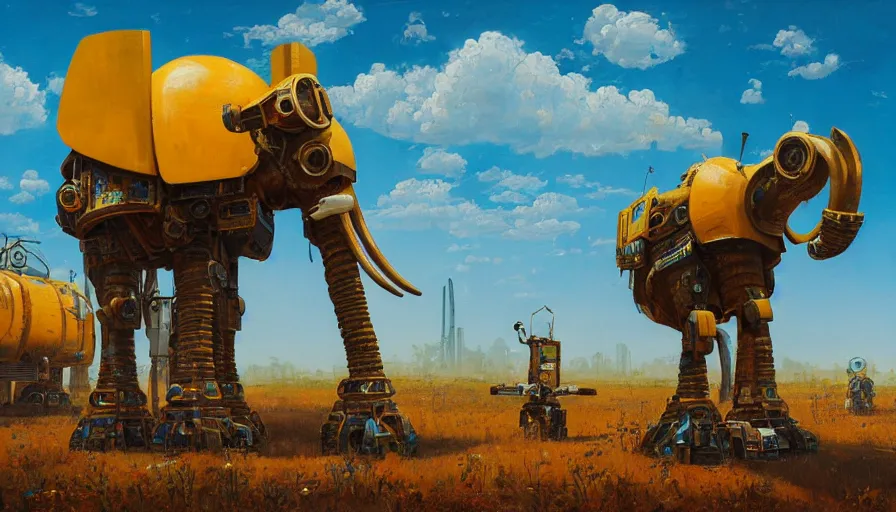 Prompt: an intricate oil painting of a giant south african armored elephant shaped scrap metal mecha by simon stalenhag, yellow, orange and cyan paint decals