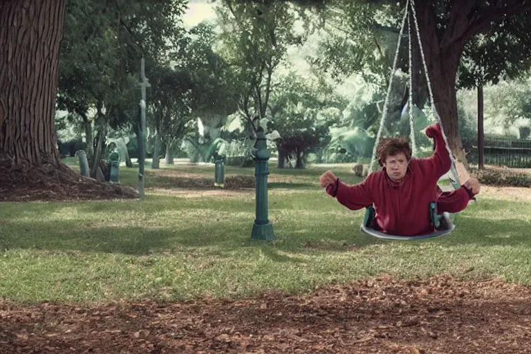 Image similar to hulk in a kid's swing at the children park, clear face, very angry, still shot from the new hulk and avengers movie, 4 k