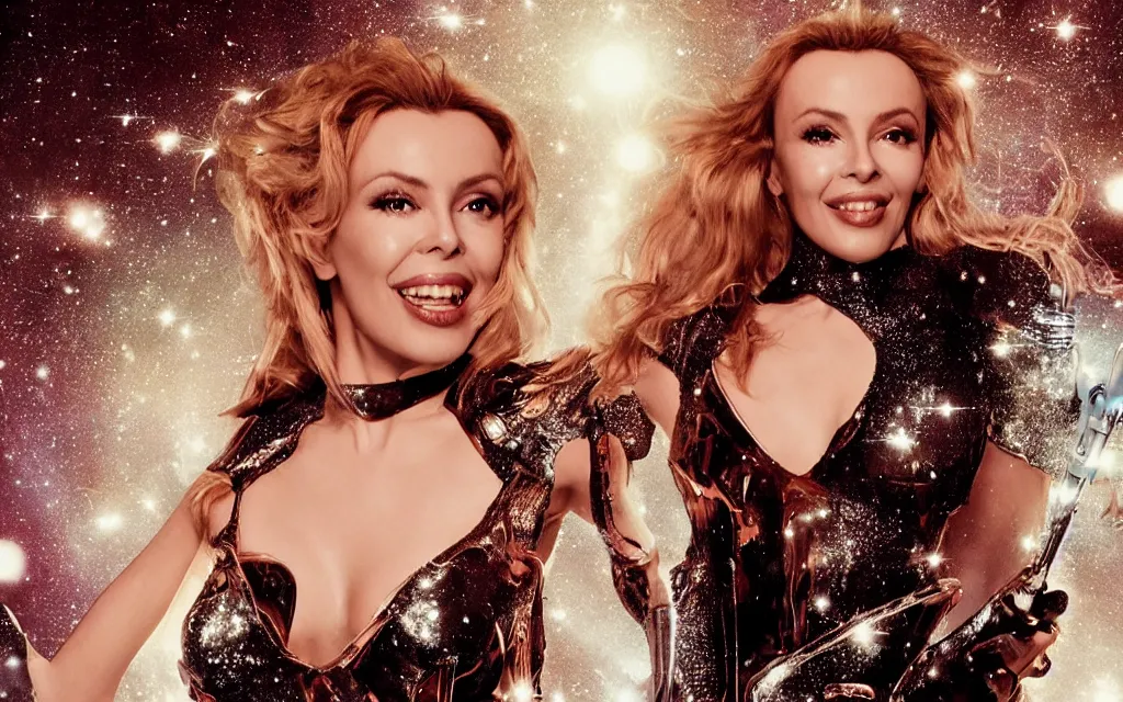 Image similar to kylie minogue as barbarella. floating through an airlock, firing a raygun. soft lighting. glamorous. sophisticated. studio photography. depth of field. cinematic. photorealistic. bokeh.
