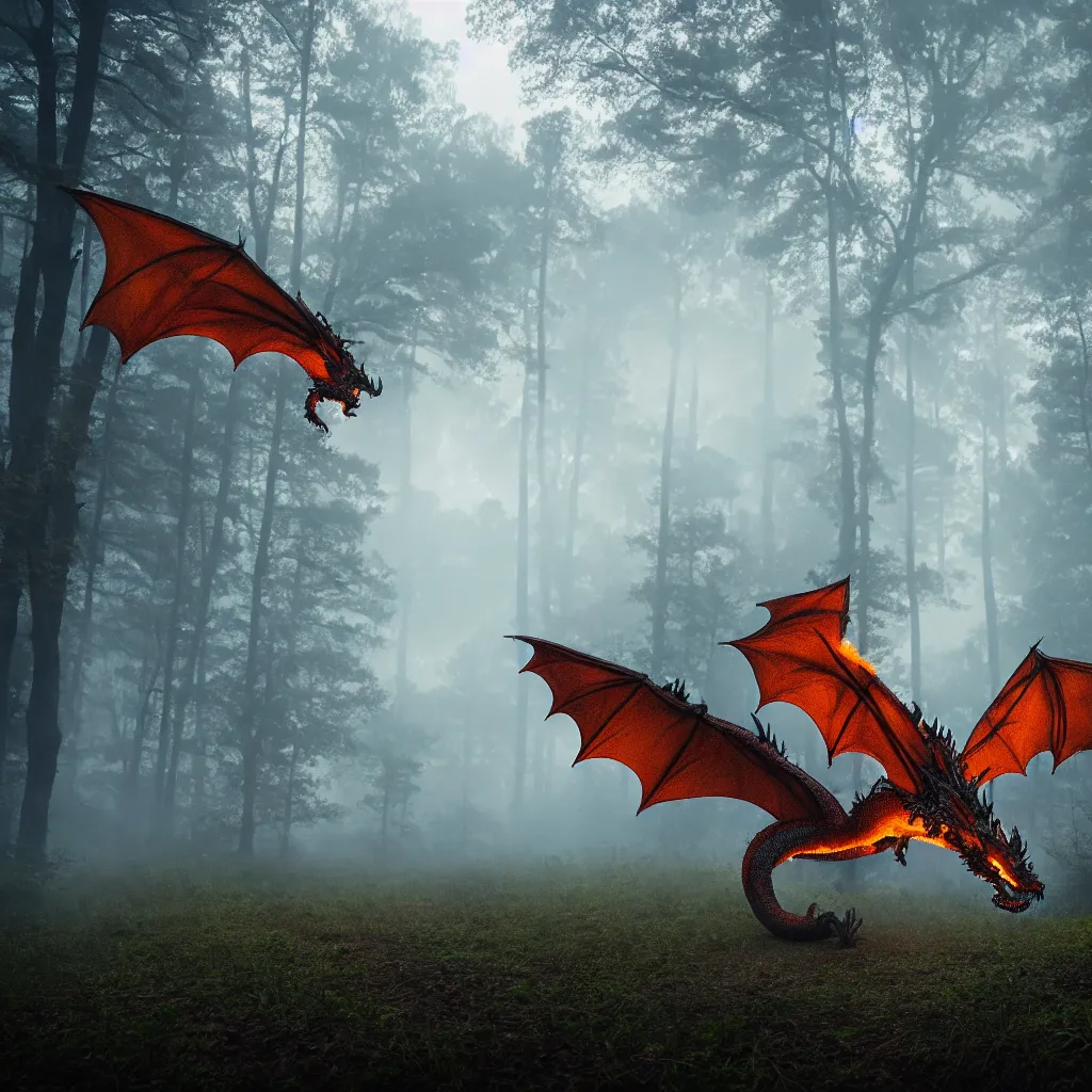 Prompt: fire breathing dragon flying over foggy old forest near small pond, very detailed, 4 k, professional photography