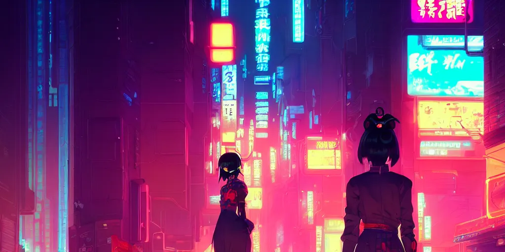 Prompt: digital illustration of cyberpunk geisha in city street at night by makoto shinkai, ilya kuvshinov, lois van baarle, rossdraws, basquiat | afrofuturism, in the style of hearthstone, trending on artstation | cool color scheme