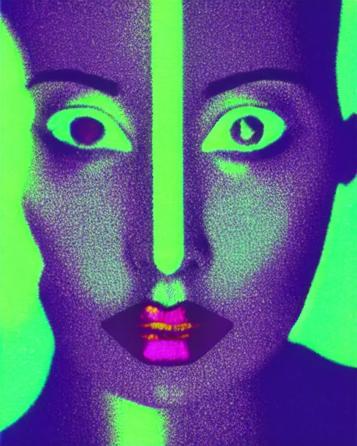 Image similar to chrome woman's face, violet and yellow and green lighting, polaroid photo, atmospheric, whimsical and psychedelic, grainy, expired film, super glitched, corrupted