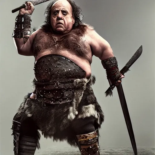 Prompt: danny devito as angry barbarian warrior, full body, holding club, frank reynolds, legendary warrior, leather straps, tattoos, piercings, fur and leather armor, beautiful, sharp detail, photo realism, robin eley, oil painting, fantasy