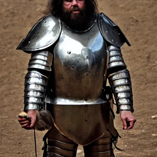 Image similar to photo of a cave man in medieval armour 4 k, ƒ / 8, focal length : 3 6 mm,