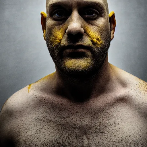 Prompt: portrait photo of a yellow - skinned bald wrinkly man with stubble and big eyes, he wears blue overalls no shirt, he looks like a human minion, moody cinematic lighting, realistic facial features, hyper detailed, crisp image, leica, 2 4 mm lens