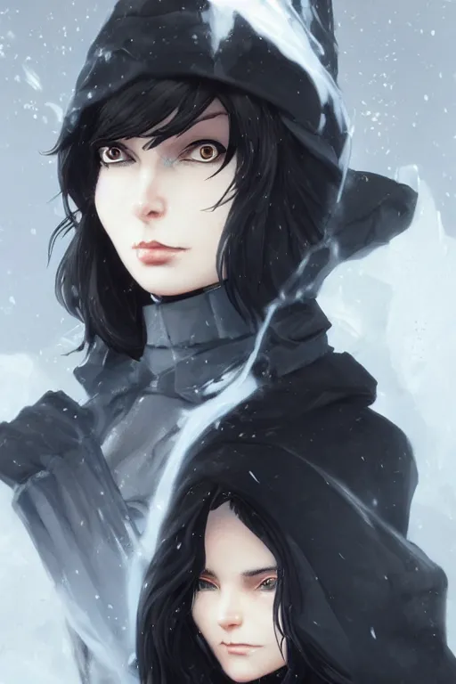 Image similar to grumpy dark haired women, ice mage, medium shot, by travis charest and ilya kuvshinov, black coat, black makeup, shooting ice, fantasy artwork, fantastic artwork, 4 k, trending on artstation