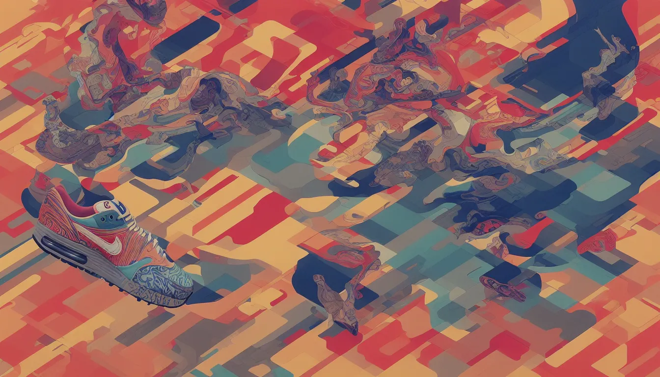 Image similar to excellent painted isometric view of 'nike air max 1', high quality masterpiece painted, patterned background, 4k, trending on artstation, octane render, art by James Jean and artgerm and greg rutkowski and alphonse mucha and craig mullins and James Jean and Andrei Riabovitchev and Marc Simonetti and peter mohrbacher