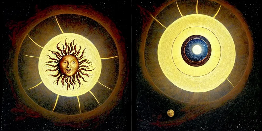 Prompt: a giant sun sings a unique canto about'as above so below'to the the moon, while being ignited by the spirit of haeckel and robert fludd, breakthrough is iminent, glory be to the magic within, in honor of saturn, painted by ronny khalil