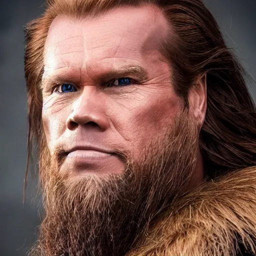 Prompt: hyperrealistic photograph of a brown-haired viking played by actor Arnold Schwarzeneggar, 8k, profile picture, cinematic, high contrast, epic real fantasy, stoic facial expression, looking at the camera