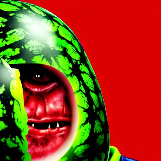 Image similar to horror movie poster, about watermelon man, in hd picture, and photorealism, and detail image