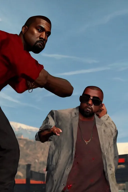 Image similar to kanye west having a fistfight with lester crest from gta v, gameplay, grand theft auto v, strong dramatic cinematic lighting, blood red sky, smooth, sharp focus, extremely detailed