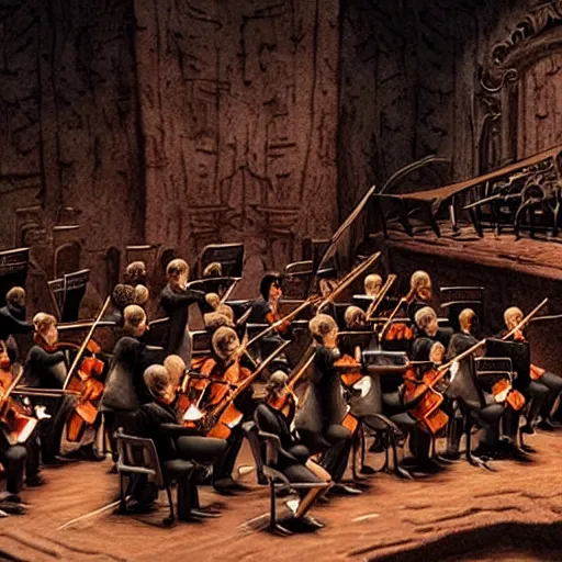 Image similar to the last orchestra, extremely detailed claymation art, dark, moody, foggy