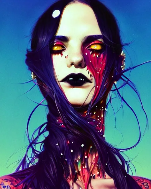 Prompt: close up, captivating, memorable, a ultradetailed beautiful photo of a unique woman wearing a hippy goth outfit standing too too too close, side view, bloom lighting staring at you by conrad roset, greg rutkowski and makoto shinkai trending on artstation