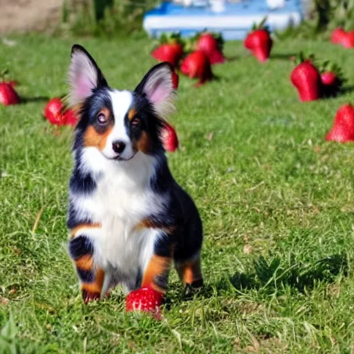 Prompt: a mini australian shepard wearing rubber boots! while picking strawberries