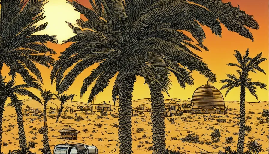 Prompt: an arabian desert village during an alien invasion at night, a big flying saucer ufo in the sky, dunes, oasis, palm trees, an arab standing watching over, artwork by arthur adams