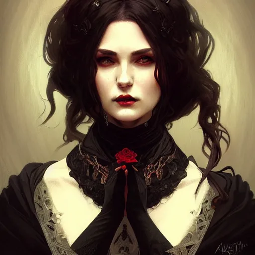 Image similar to elegant victorian vampire, portrait, intricate, elegant, highly detailed, digital painting, artstation, concept art, rough, sharp focus, illustration, art by artgerm and greg rutkowski and alphonse mucha