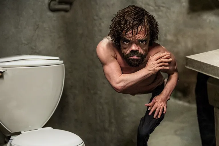 Image similar to peter dinklage climbing out of a toilet, movie still, from the new toxic avenger movie, 8 k, realistic