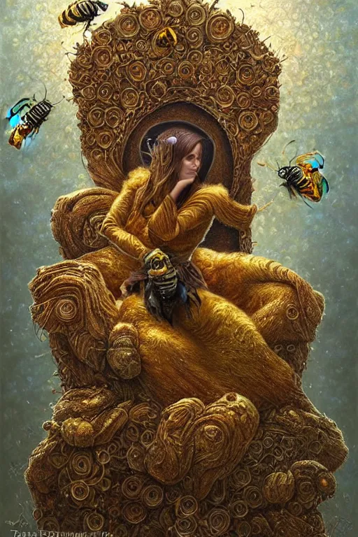 Image similar to the personification of a queen bee sitting on her hive throne. art by tomasz alen kopera.