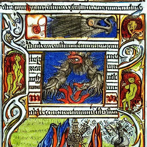 Image similar to medieval bestiary of repressed emotion monsters and creatures starting a fiery revolution in the psyche, in the style of an alchemical manuscript