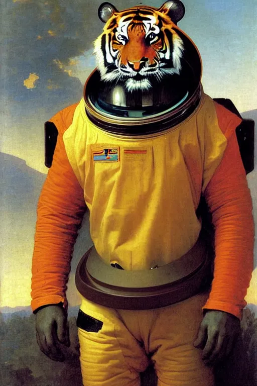 Image similar to portrait of a tiger astronaut with spacesuit and helmet, majestic, solemn, by bouguereau