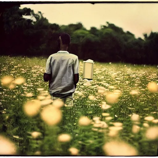 Image similar to somali male, photographer, holding camera, vintage, field of flowers, nature, nostalgic, dreamy, pastel, studio ghibli, thoughtul, wise, intricate details, shot in 1 9 6 0 s