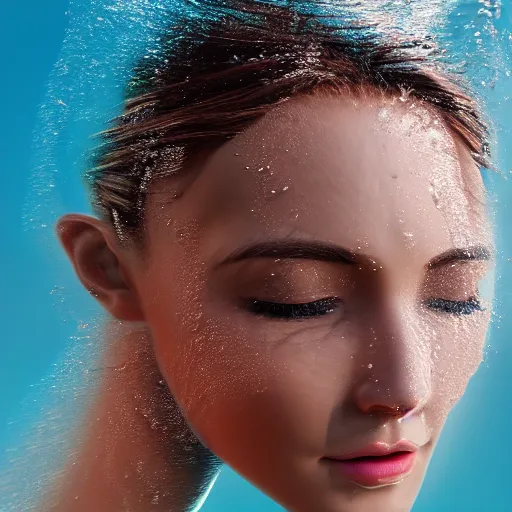 Image similar to water artwork manipulation in the shape of a beautiful female head, on the ocean water, ray tracing, realistic water sharp focus, long shot, 8 k resolution, cinematic, amazing water art, hyper realistic