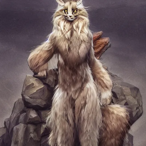 Prompt: stone maine coon, anthropomorphic large maine coon, dnd bipedal golem character, golem coon, aware. stone cat. dnd character concept, dnd digital painting, dnd artstation, dnd concept art, smooth, super sharp focus, illustration, art by artgerm and h r giger and alphonse mucha