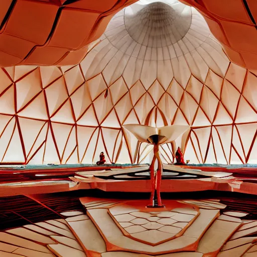 Image similar to interior of a futuristic lotus temple with gold, red and white marble panels, in the desert, by buckminster fuller and syd mead, intricate contemporary architecture, photo journalism, photography, cinematic, national geographic photoshoot