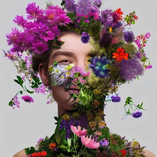 Image similar to hyper realistic photo human body made of wild flowers