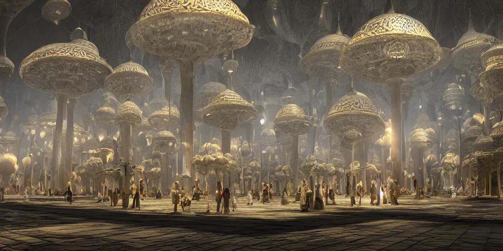 Image similar to Photorealistic mosque in dark giant glowing mushroom underworld, with great domes and arches, people and androids wearing traditional japanese clothing. photorealism, UHD, amazing depth, golden ratio, 3D octane cycle unreal engine 5, volumetric lighting, cinematic lighting, artstation,cgstation, concept art