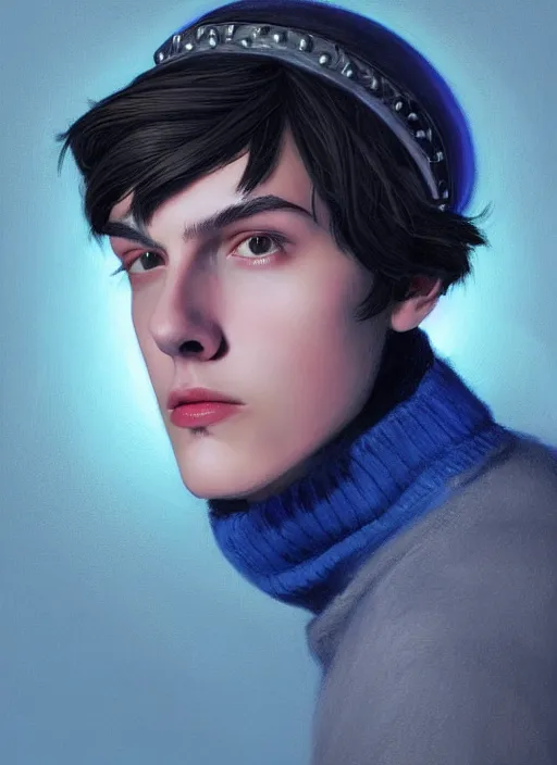 Image similar to portrait of teenage jughead jones wearing a light grey crown, crown, blue turtleneck, 1 9 5 0 s, closed eyes, photorealistic, black hair, glowing lighting, intricate, elegant, glowing lights, highly detailed, digital painting, artstation, concept art, smooth, sharp focus, illustration, art by wlop, mars ravelo and greg rutkowski