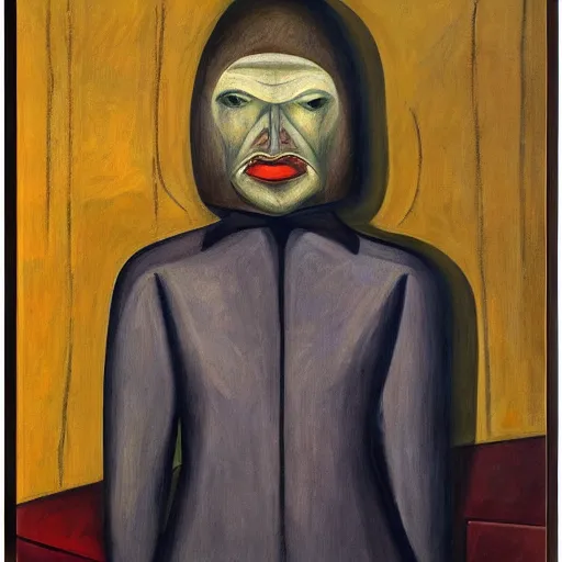 Image similar to fearful visage, portrait, peasant, cathedral, dystopian, pj crook, edward hopper, oil on canvas