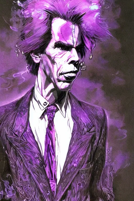 Image similar to full body portrait of nick cave with a lot of purple smoke coming out of his mouth, concept art, sumi - e style, intricate linework, artstation, trending, highly detailed, smooth, focus, art by yoji shinkawa and glenn fabry,