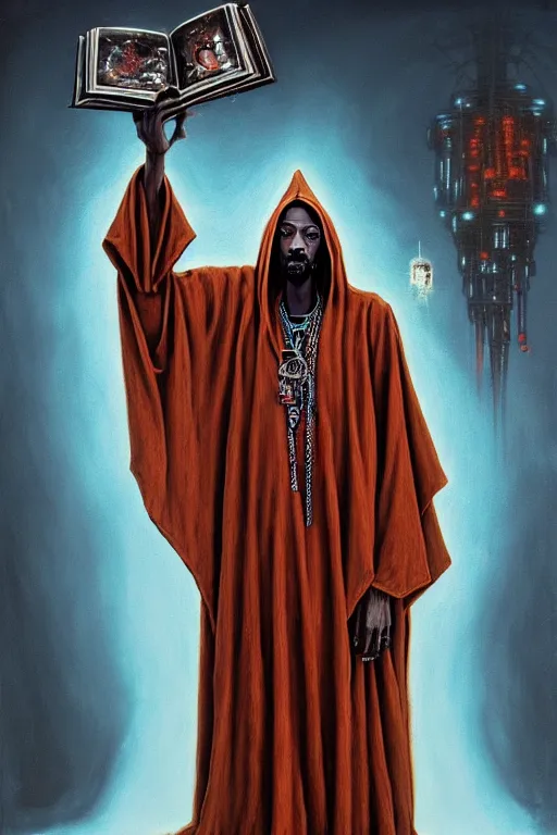 Image similar to painting of snoop dog as a cloaked tech priest holding a book, adeptus mechanicus!, cybernetic enhancements attached to his body, praise the omnissaiah, zdzislaw beksinski, lewis jones, mattias adolfsson, warhammer 4 0 k!!, cold hue's, warm tone gradient background, concept art, digital painting