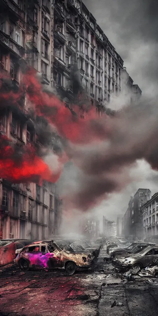 Image similar to post - apocalyptic kreuzberg streets covered in colorful smoke, burned cars, explosions, hyperrealistic, gritty, damaged, dark, urban photography, photorealistic, high details