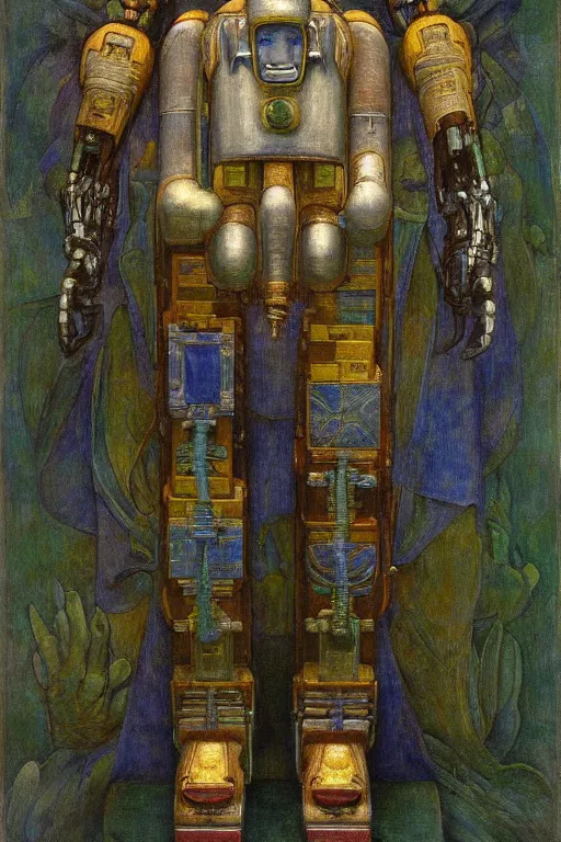 Image similar to the robot in his regalia, by Annie Swynnerton and Diego Rivera and Elihu Vedder, symbolist, dramatic lighting, elaborate geometric ornament, Art Brut, soft blues and greens,smooth, sharp focus, extremely detailed, Adolf Wölfli, octane render
