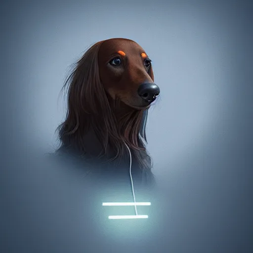 Image similar to portrait of long haired daschund, concept art, cinematic lighting, beeple,