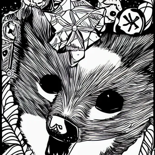 Prompt: 🦝🏝, comic art, digital art, spooky, black and white