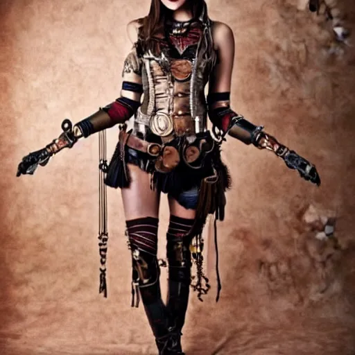 Prompt: full body photo of a skinny female steampunk amazon warrior