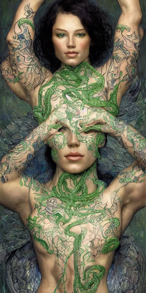 Image similar to epic masterpiece portrait of a snake tattooed gymnast, followed by heads with many souls, beautiful face and flawless skin, perfect hands, emeralds by Edgar Maxence and Ross Tran and Michael Whelan