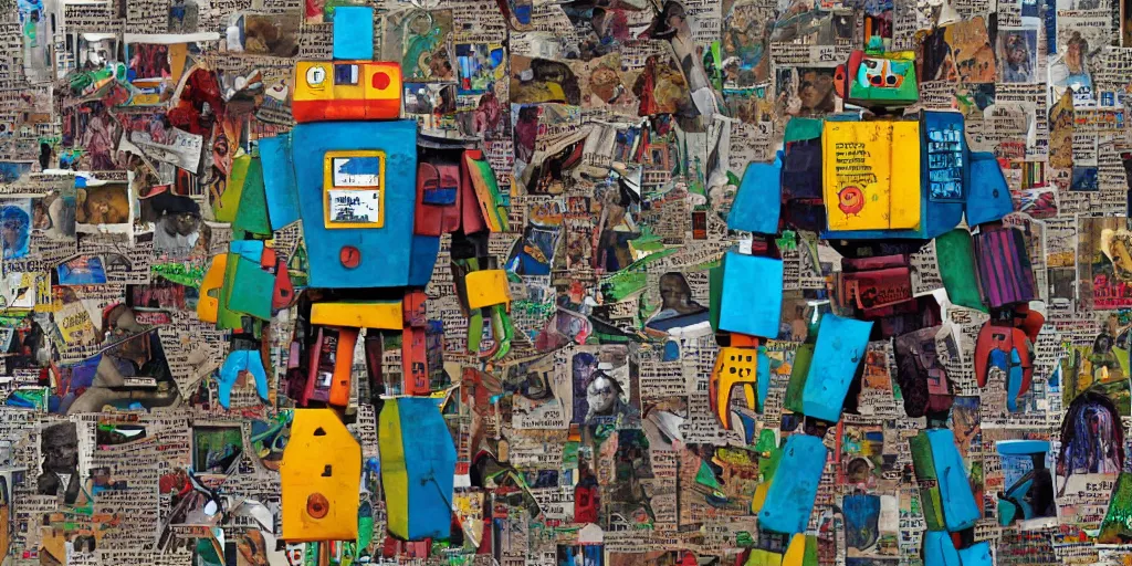 Image similar to colourful giant mecha ROBOT of AJEGUNLE SLUMS of Lagos, writings and markings on robot, magazine collage,