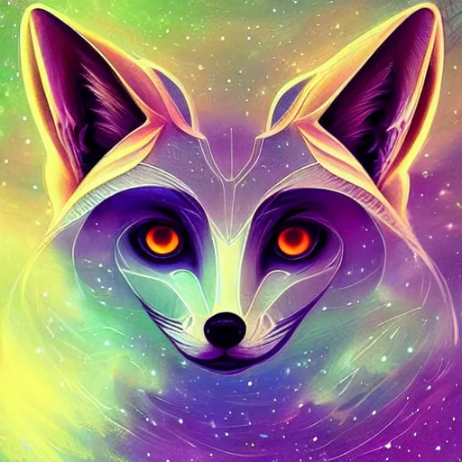 Image similar to geometric symmetrical fennec with galaxy eyes in space, nebula in the background, intricate, elegant, highly detailed, digital painting, artstation, concept art, smooth, sharp focus, illustration, art by artgerm