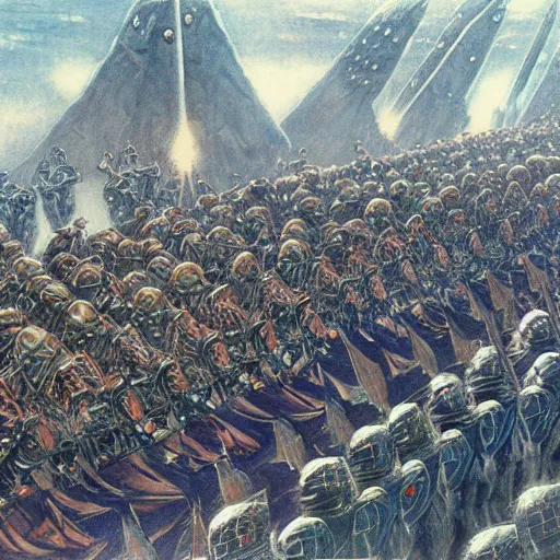 Image similar to dwarven cave fleet day, dwarven military parade, illustration by Alan Lee