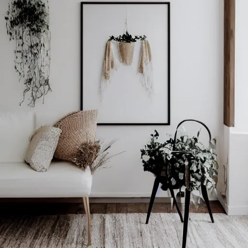 Prompt: a minimalist mockup photo with one large frame, in a white clear boho style studio, white and beige predominant colors, trending on pinterest