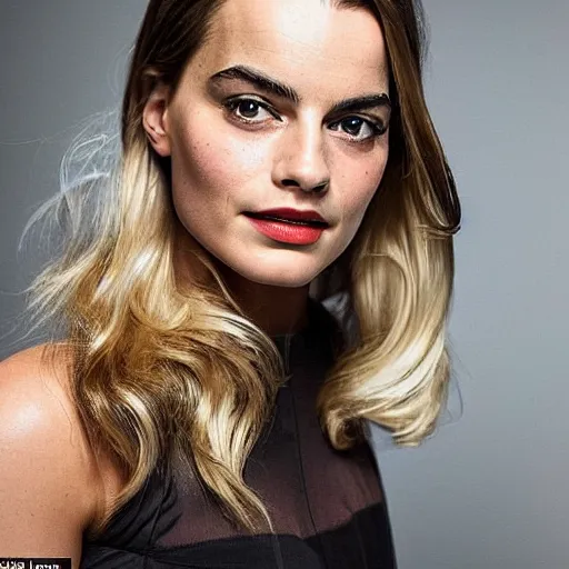 Image similar to a woman who is a genetic combination of margot robbie and emma watson face and upper - body focus