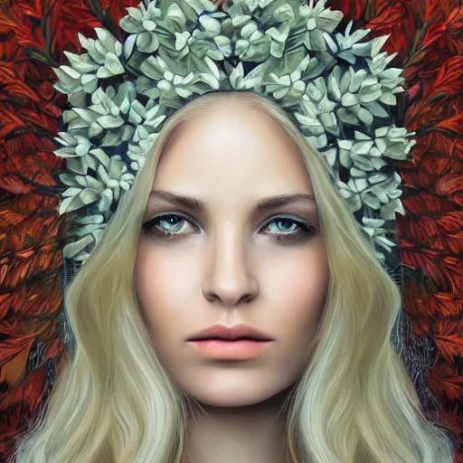 Image similar to a symmetrical portrait of a blonde woman with plants in hair, oil painting, pale colors, high detail, 8 k, wide angle, trending on artstation,