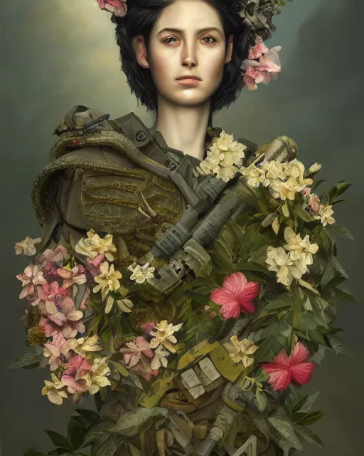 Image similar to a beautiful fine art portrait photo of a military general covered by hibiscus, daffodils, hydrangea, montsera leaves by tom bagshaw and zach sutton, very detailed, artstation, 8 k