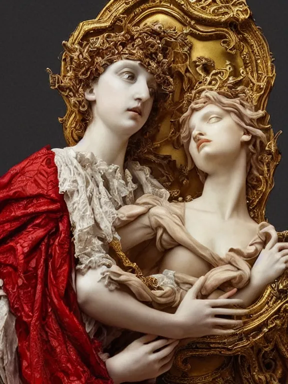 Prompt: a beautiful render of baroque catholic veiled sculpture, the red queen and the white queen pieta, with symmetry intricate detailed,by Lawrence Alma-Tadema, peter gric,aaron horkey,Billelis,trending on pinterest,hyperreal,jewelry,gold,intricate,maximalist,glittering,golden ratio,cinematic lighting