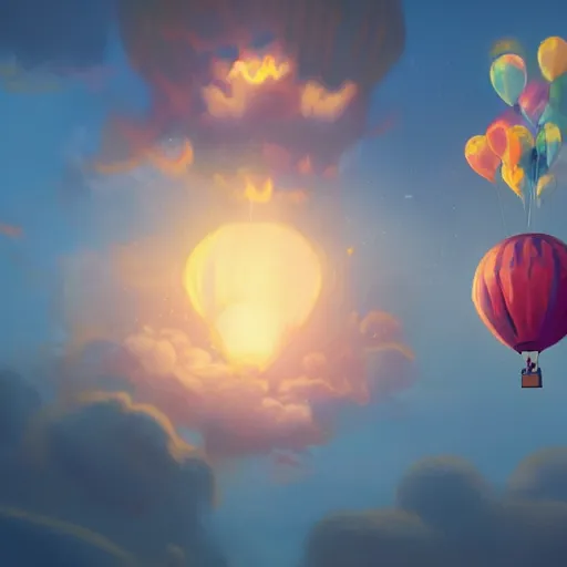 Image similar to puppy high in the air holding balloons, 8k, fantasy, intricate, cinematic lighting, highly detailed, digital painting, artstation, concept art, smooth, sharp focus, illustration, by Pixar